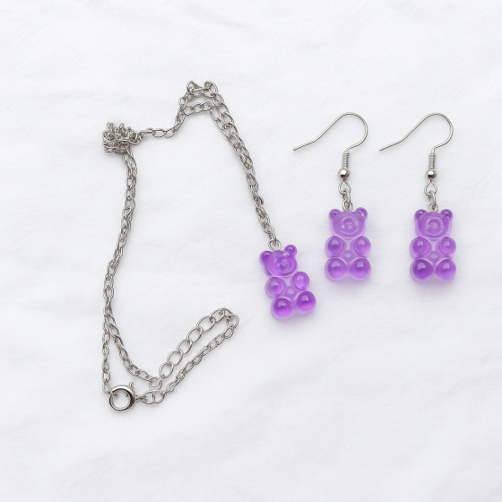 Бижутерия мишки сиреневые кулон + серьги, размер мишки 1,6*1см, смола Киев