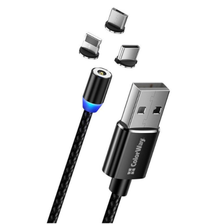 Кабель USB 3в1(Lightning/Micro USB/Type-C) ColorWay CW-CBUU020-BK 2,4A магнітний 1м чорний Житомир