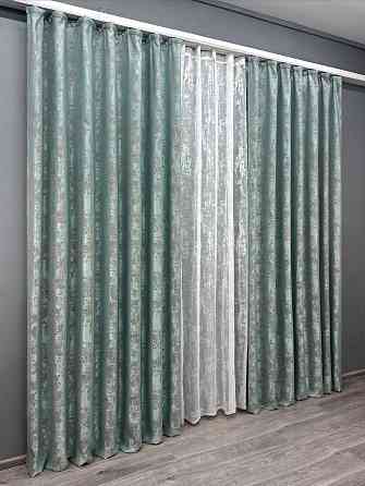 Комплект штор VR-Textil Жаккард Мрамор 150х270 2шт и Тюль 600х270 1148ш-1400т Бирюзово-серый с белым 71-118/5 Киев