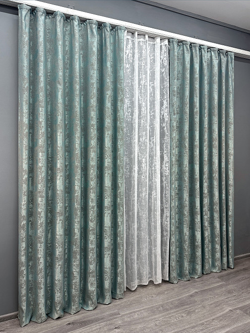 Комплект штор VR-Textil Жаккард Мрамор 150х270 2шт и Тюль 600х270 1148ш-1400т Бирюзово-серый с белым 71-118/5 Киев - изображение 3