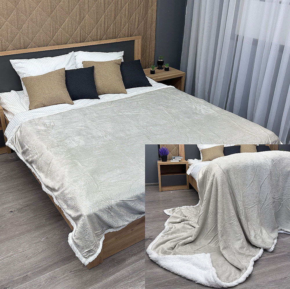 Плед двосторонній 155х200 см (+-5см) рельєфний із штучною овчиною Кремовий з білим (87-074) Київ - фото 1