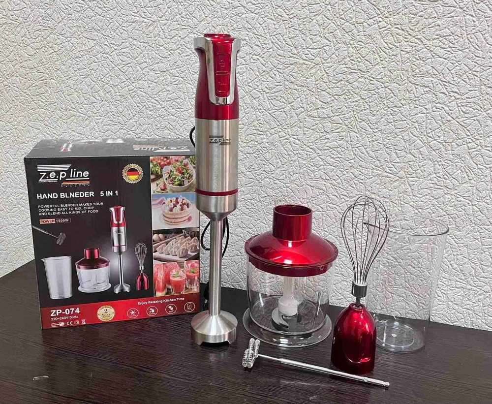 Занурювальний блендер Zepline ZP-074, 1500 Вт, 10 швидкостей, турбо, подрібнювач 600 мл, мірний стакан 700 мл, вінчик, червоний Одеса - фото 2