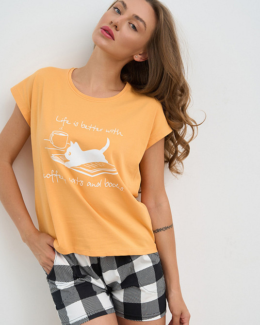 Женская пижама комплект с шортиками в клетку - Кофе, котики и книги Nicoletta 60244 XL, Красный, Розовый, Киев - изображение 4