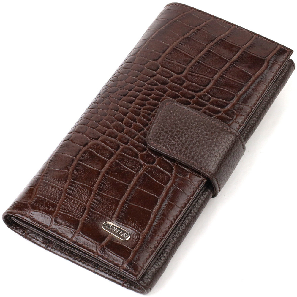 Містке вертикальне чоловіче портмоне з натуральної шкіри з тисненням під крокодила CANPELLINI 21837 Коричневе Київ - фото 1