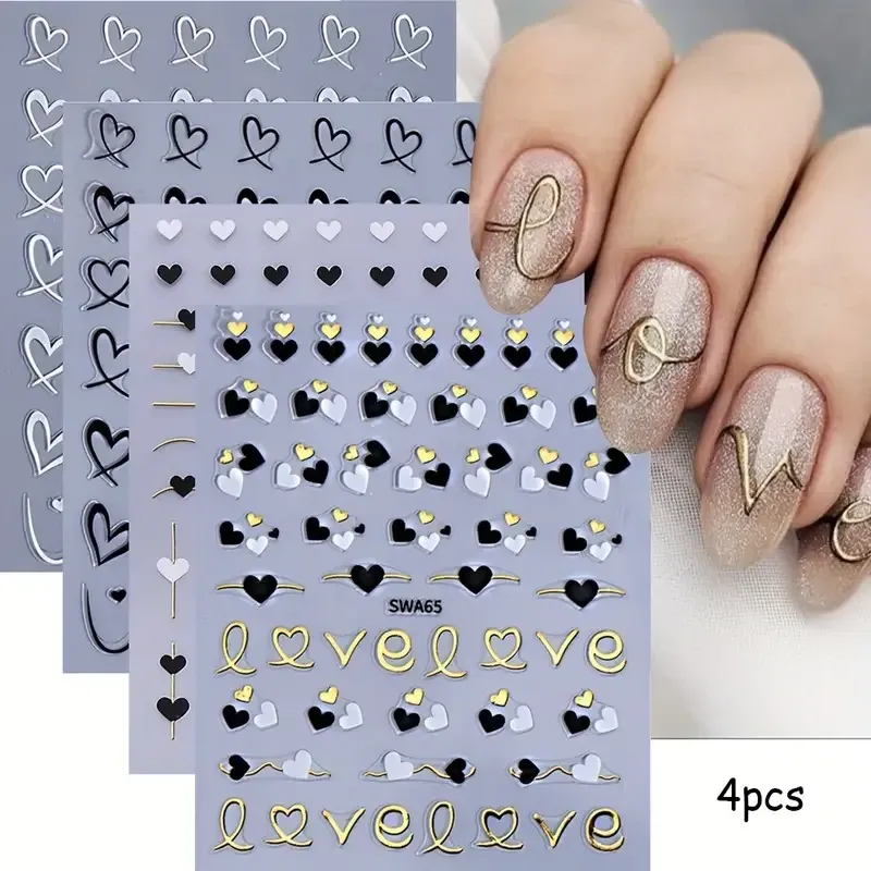 Набор наклеек для ногтей с сердцами и золотыми линиями — 4 листа, самоклеящиеся Киев - изображение 2
