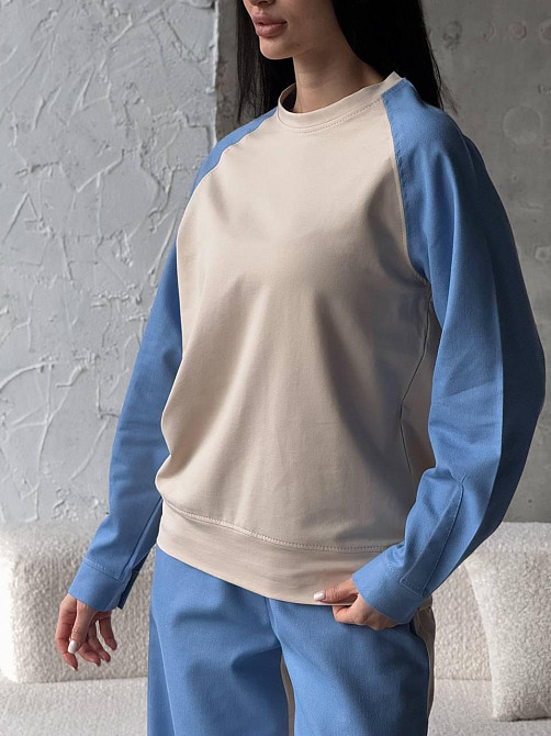 Жіночий ефектний комбінований костюм-двійка: кофта та штани джинс-котон + турецька двонитка Блакитний, 46/48 Одеса - фото 7