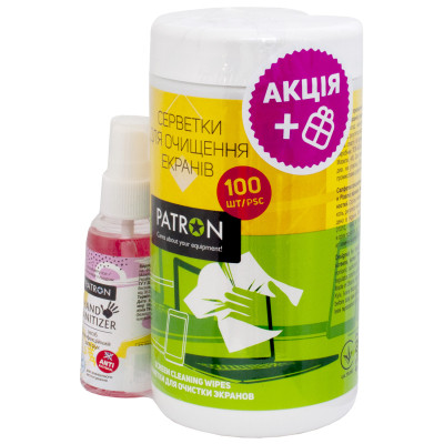 Універсальний чистячий набір Patron Screen wipes 100pcs F3-027 + Hand sanitizer 50ml (CS-PN-F3-050) Вінниця - фото 1