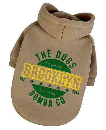 Толстовка для собак малих і середніх порід на флісі з принтом Brooklyn з капюшоном на кнопках бежева Одеса