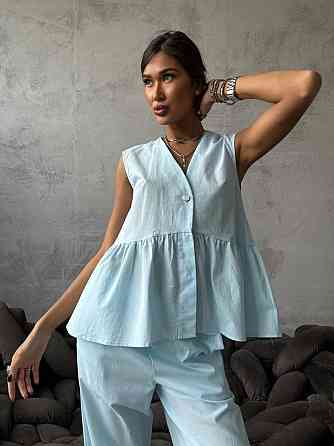 Женский стильный повседневный костюм из натуральной ткани-коттона. Голубой, 42/44 Одесса