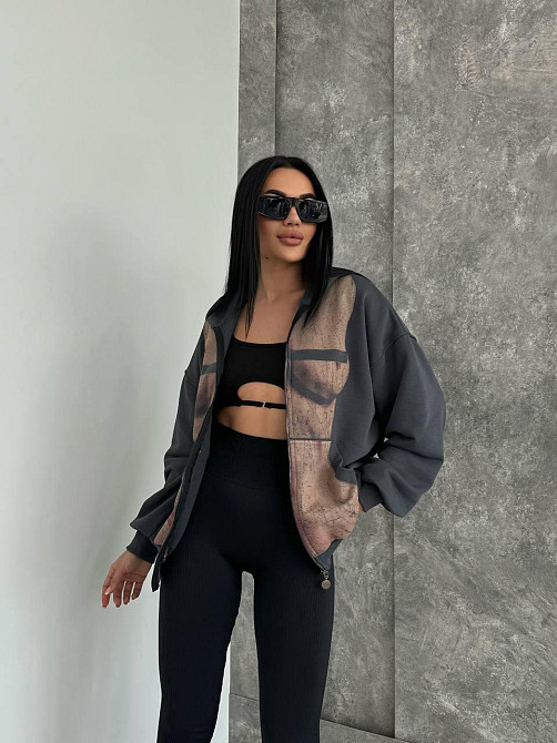 Женская стильная оверсайз худи с капюшоном на молнии петля пенье + турецкая рибана Графит, 42/46 Одесса - изображение 4