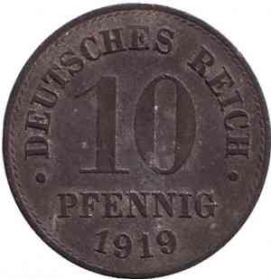Монета 10 пфеннигов. 1919,20 год, Германская империя. Полтава