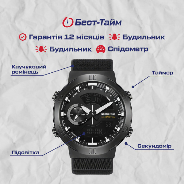 Годинник чоловічий водостійкий тактичний North Edge Hornet Iron Edition (2 ремінці) Чорний Вінниця - фото 6