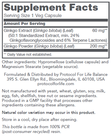 Гінкго Білоба для нервової системи Protocol for Life Balance Ginkgo Biloba 60 мг 60 вег капс Київ