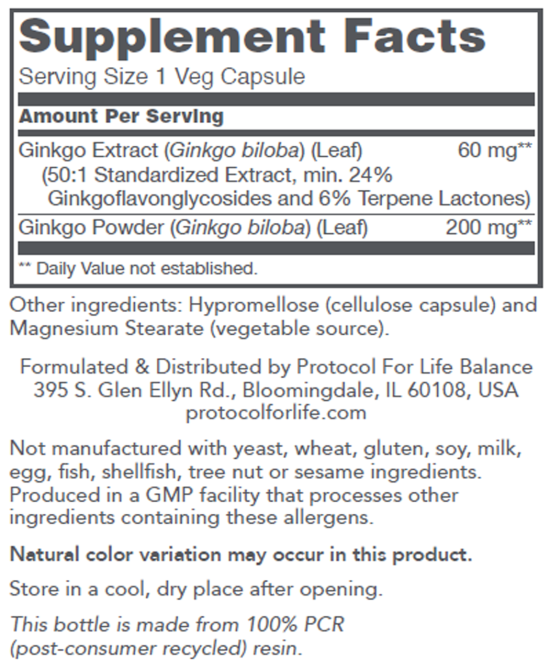 Гинкго Билоба для нервной системы Protocol for Life Balance Ginkgo Biloba 60 мг 60 вег капс Киев - изображение 2