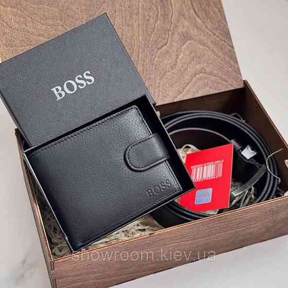 Мужской подарочный набор ремень и портмоне в деревянной коробке Boss (202) Киев