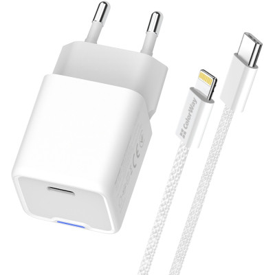 Зарядное устройство ColorWay C101D GaN Mini 20W PD PPS USB-C + cable USB-C to Lightning white (CW-CHS059PDL-WT) Винница - изображение 8