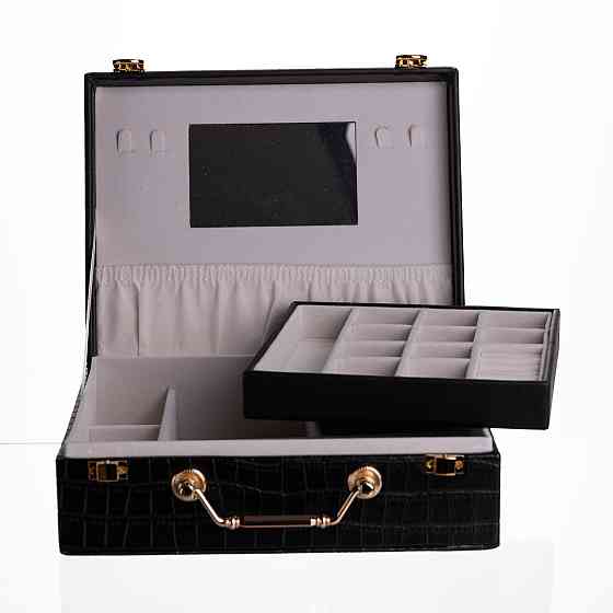 Скринька для прикрас з еко шкіри 19 відділень з дзеркалом 23.5×14×8 см Чорний HP-5-20B Коломыя