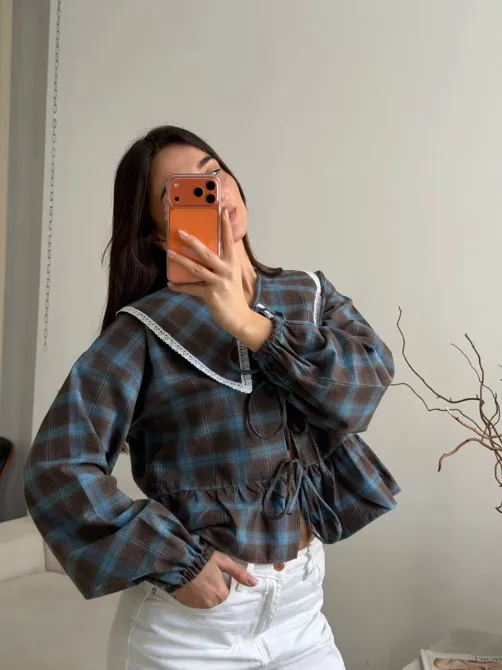 Стильна жіноча картата сорочка з мереживом Одеса - фото 5