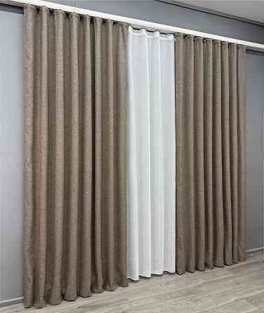 Комплект штор VR-Textil льон преміум ELEMENTA 150х270 2шт і Тюль 400х270 1864ш-115т сіро-коричневий з білим 71-070/3 Київ