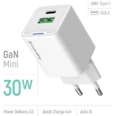 Зарядное устройство ColorWay GaN Mini 30W PD Port PPS USB (Type-C PD + USB QC4.0) white (CW-CHS053PD-WT) Винница