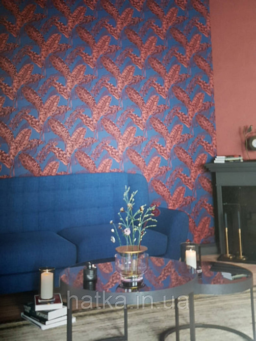 Обои виниловые на флизелине Marburg 82121 Felicita листья папоротника красные черные на темно синем фоне Киев - изображение 1