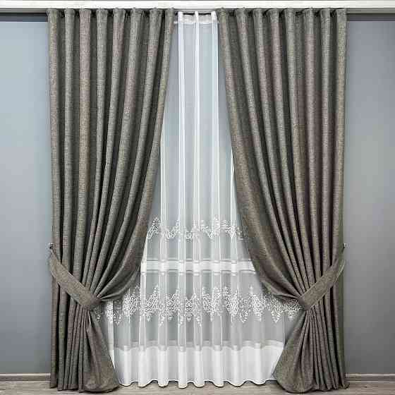 Комплект штор VR-Textil Лен ALORA-TON 100х270 2шт и Тюль 400х270 1871ш-1708т Серый с белым 71-203/2 Киев