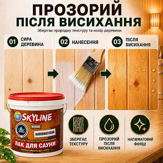 Лак для сауны SkyLine WOOD 10 л — акриловый полуматовый лак для дерева, прозрачный, без запаха, термостойкий до +110°C Харьков