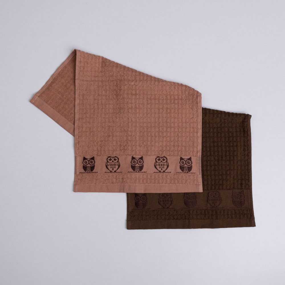 Набор кухонных махровых полотенец 2шт GM Textile 30x50см, 30x50см Совы 400г/м2 (Бежевый/Коричневый) Сумы - изображение 1