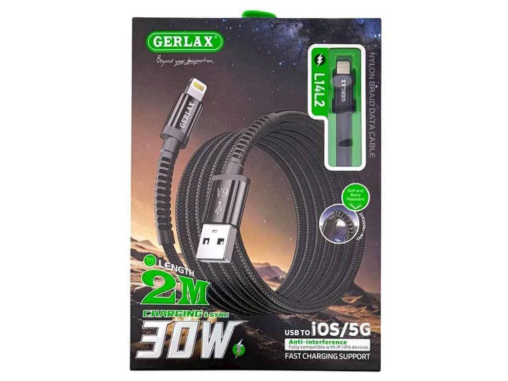 Кабель USB – Lightning iPhone L14L2 6А 30W OD4.0 тканинний чорний 2м ТМ GERLAX Київ - фото 1
