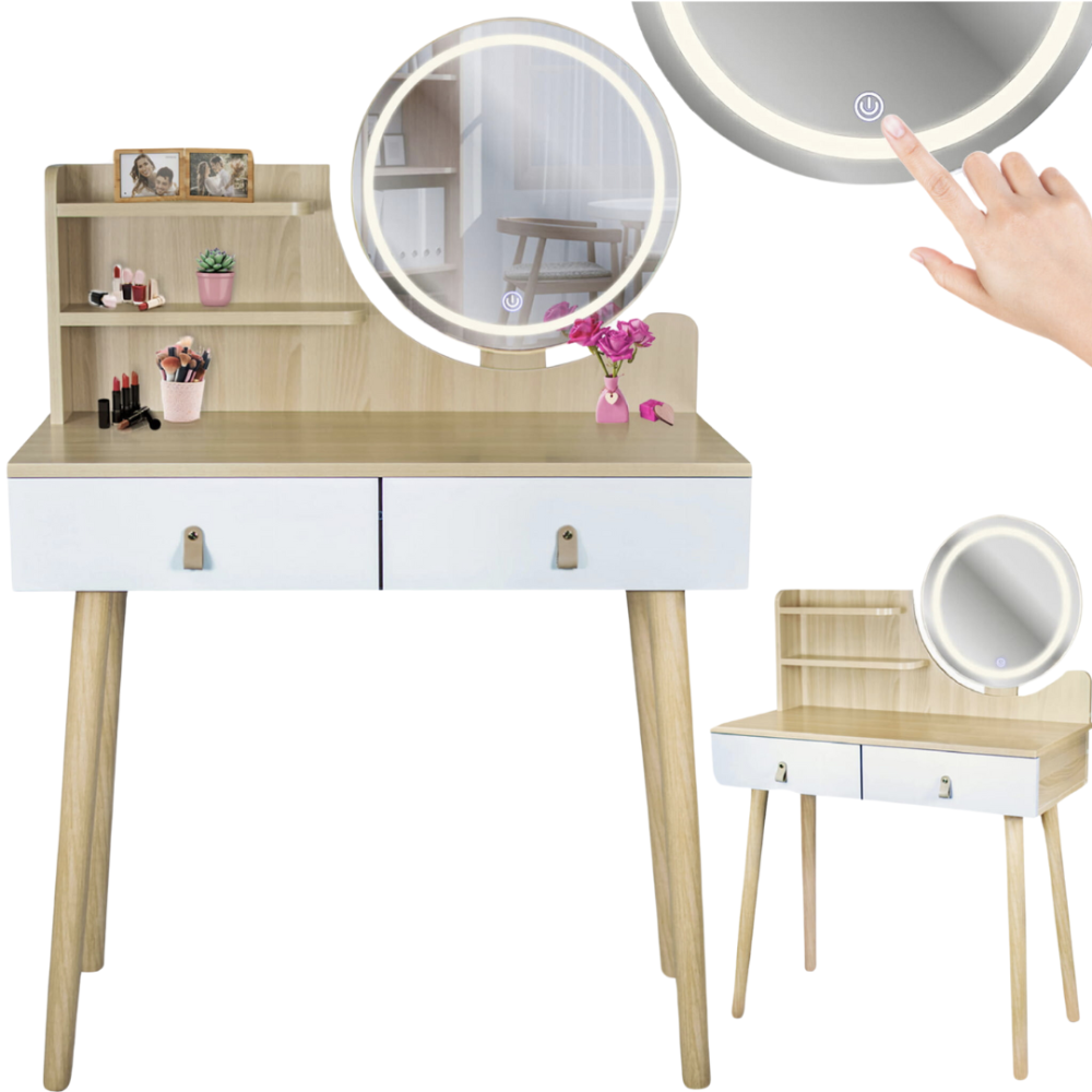 Туалетний столик Jumi Scandi LED підсвітка, з шухлядами, шкіряні ручки, світлий бук Київ - фото 1