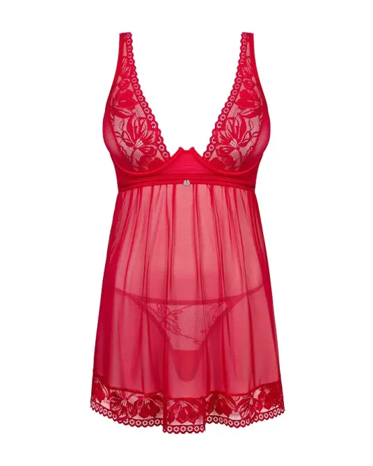 Прозора сорочка бебі-дол Obsessive Lacelove babydoll & thong XL/2XL Red, мереживо, стрінги Львов - изображение 3