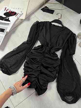 Женское драпированное черное мини платье микродайвинг + сетка 46/48 Одесса