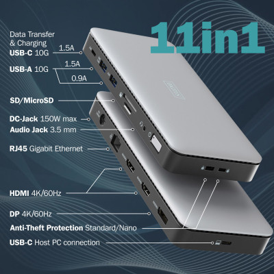 Порт-реплікатор Digitus USB-C &gt; 2xHDMI/DP/2xUSB-A/USB-C/SD/MicroSD/RJ54/DC/Audio (DA-70917) Вінниця - фото 2