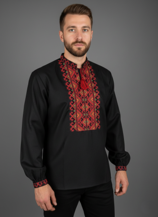 Чорна чоловіча вишиванка із домотканого полотна Київ