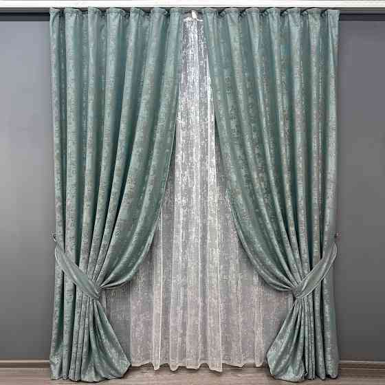 Комплект штор VR-Textil Жаккард Мармур 100х270 2шт и Тюль 300х270 1148ш-1400т Бирюзово-серый с белым 71-118/1 Киев