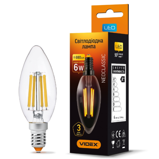 Лампа C37 6W E14 3000K 220V Filament LED Videx Житомир