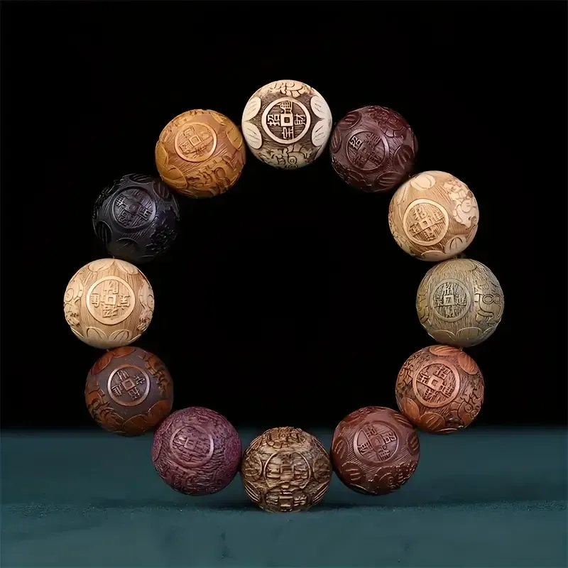 Браслет «Счастливые Деньги» — натуральное дерево, бусины 20 мм, гравировка монет, на резинке, унисекс Киев - изображение 4