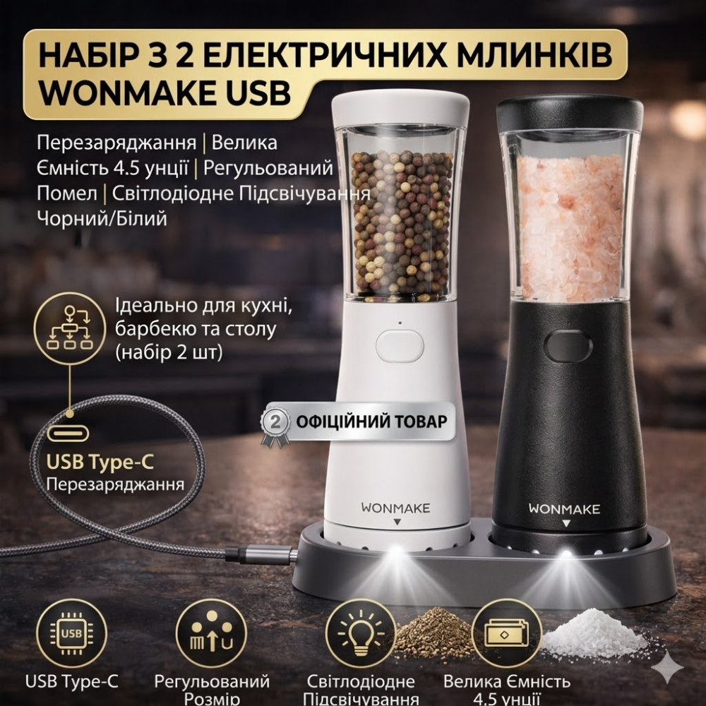 Набір електричних млинків для солі та перцю WONMAKE USB: акумуляторні, регульований помел, LED-підсвічування, 2 шт. (Black/White) Київ - фото 1