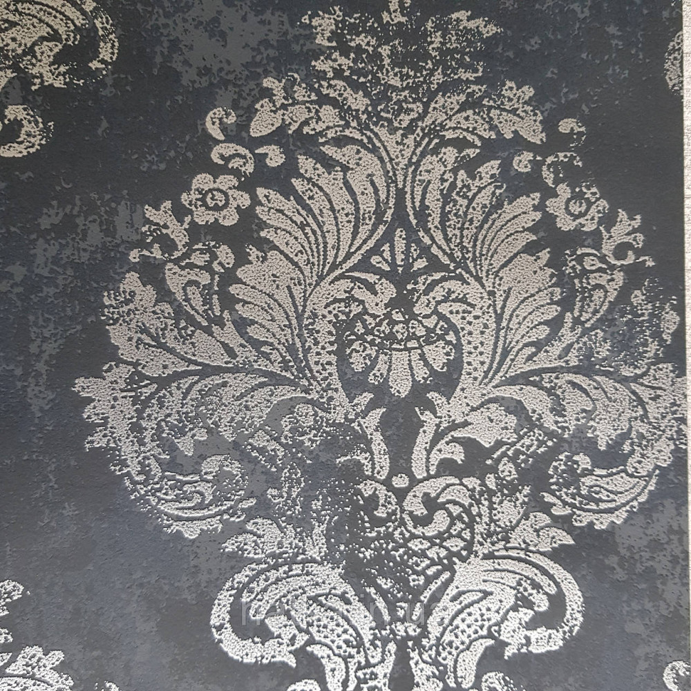 Шпалери флізелінові еко Galerie Metallic FX 0,53Х10 англійські вензелі срібні структурних на чорному тлі Київ - фото 3