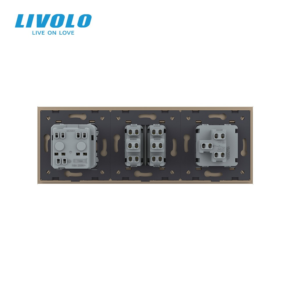 LIVOLO Трьохклавішний вимикач (1-2) з розеткою Livolo золотий скло (VL-C7K1/K2/FCTC16A-6AP) Коломия - фото 6