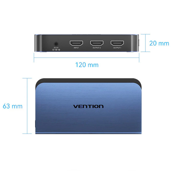 Сплітер HDMI 2.0 UHD 4K 60Hz 3D, HDCP 1in x 2out ports Blue Aluminum Alloy Vention Вінниця - фото 2
