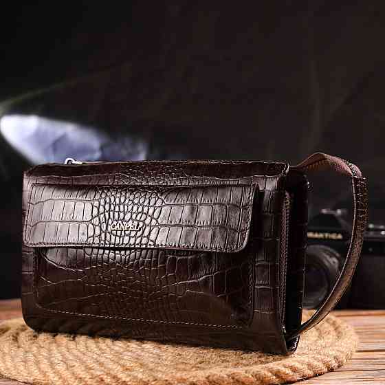 Зручний клатч для чоловіків із натуральної фактурної шкіри з тисненням під крокодила Коричневий (CANPELLINI) Київ
