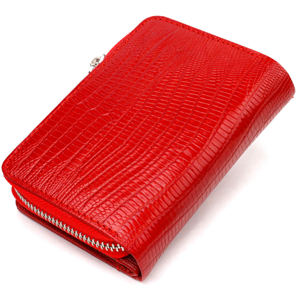 Фактурне жіноче вертикальне портмоне з монетницею на блискавці з натуральної шкіри з тисненням CANPELLINI 21731 Червоне Київ - фото 2