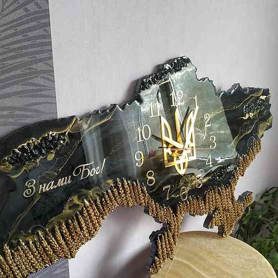 Настінний годинник з епоксидної смоли ручної роботи "Карта України" з колосками 130х85 см Дніпро
