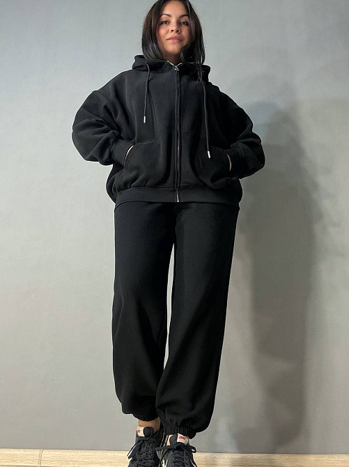Костюм женский A-N 27066 спортивный оверсайз худи на молнии и джогеры черный, черный, S Киев - изображение 14