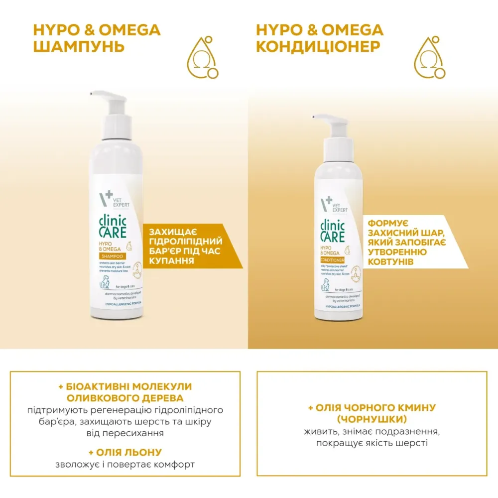 Шампунь Vet Expert Clinic Care Hypo&Omega Клінік Кеа Гіпо&Омега для собак та котів з чутливою та сухою шкірою, 250 мл Київ - фото 3