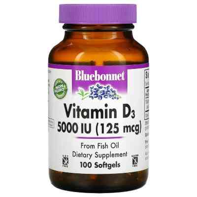 Вітамін Bluebonnet Nutrition Вітамін D3 5000IU (125 мкг), Vitamin D3, 100 желатинових кап (BLB-00321) Вінниця