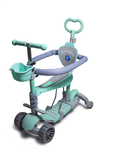 Дитячий самокат FULL Smart 5в1 з батьківською ручкою, сидінням, бортиком та подвійними колесами. М'ятний Одеса - фото 1