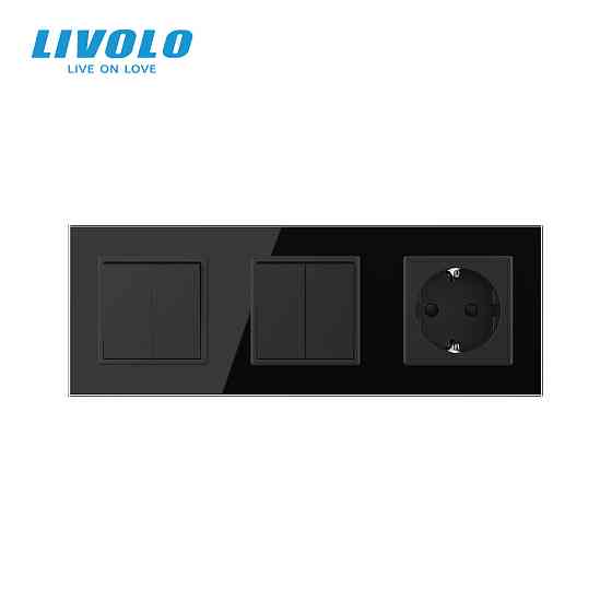LIVOLO Чотирьохклавішний вимикач (2-2) з розеткою Livolo чорний скло (VL-C7K2/K2/FCTC16A-6BP) Коломия