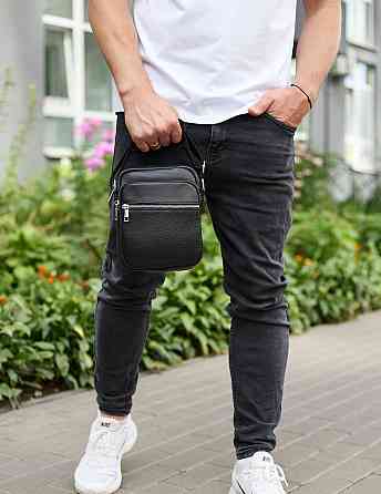 Мужская кожаная борсетка 21х17х7, сумка для города, компактный мессенджер для ежедневного использования, черная Киев